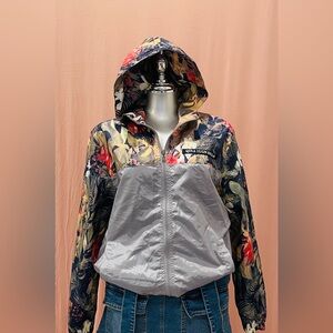 Floral Hooded Bomber Jacket with Gray Front - Multicolor